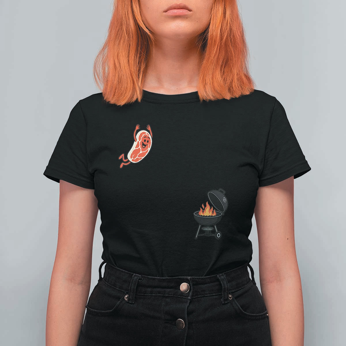 Humorous Diving Steak Charcoal Grill Graphic T Shirt For Women BBQ Grilling Pitmaster Cookout Funny Barbecue Master
