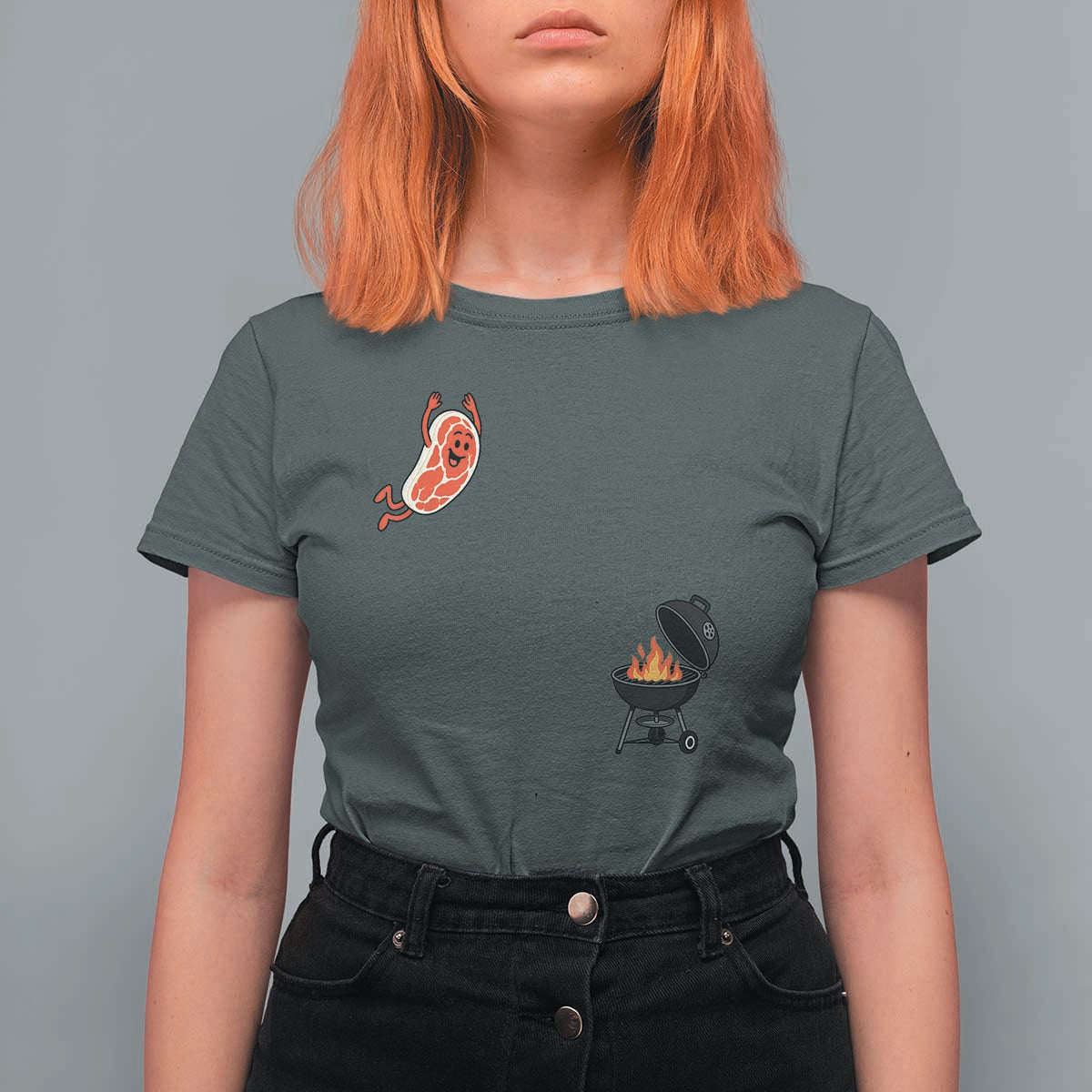 Humorous Diving Steak Charcoal Grill Graphic T Shirt For Women BBQ Grilling Pitmaster Cookout Funny Barbecue Master