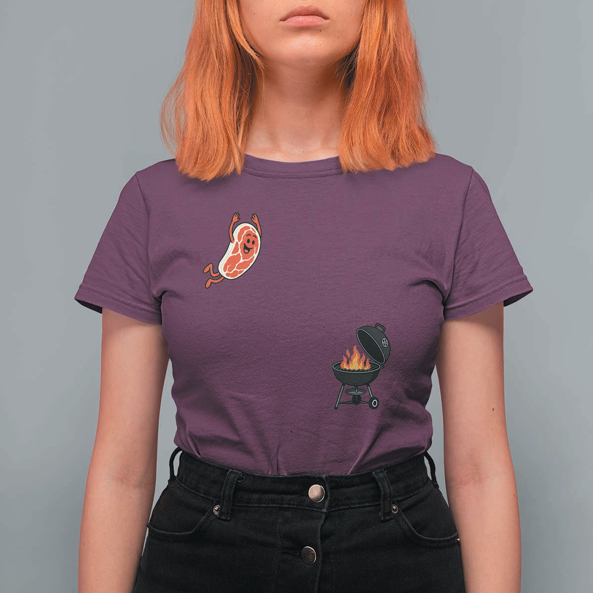 Humorous Diving Steak Charcoal Grill Graphic T Shirt For Women BBQ Grilling Pitmaster Cookout Funny Barbecue Master
