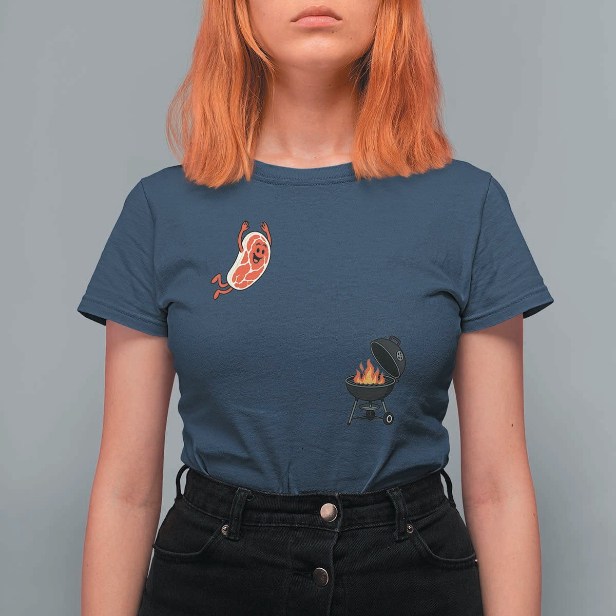 Humorous Diving Steak Charcoal Grill Graphic T Shirt For Women BBQ Grilling Pitmaster Cookout Funny Barbecue Master