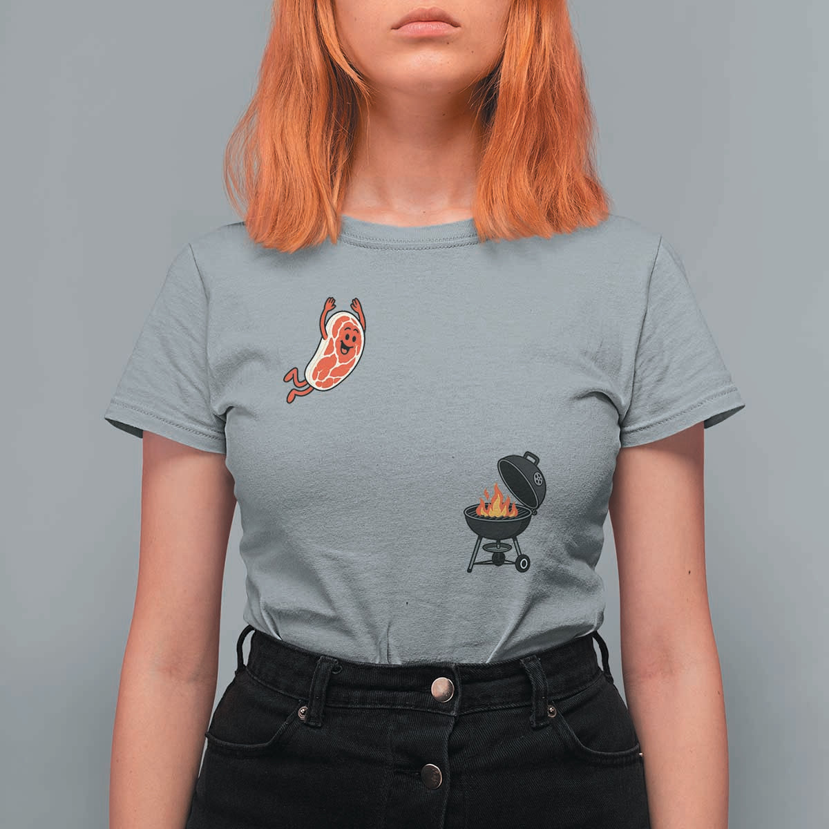 Humorous Diving Steak Charcoal Grill Graphic T Shirt For Women BBQ Grilling Pitmaster Cookout Funny Barbecue Master