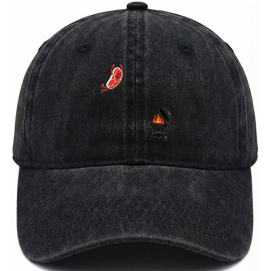 Humorous Diving Steak Charcoal Grill Graphic Washed Cotton Baseball Cap BBQ Grilling Pitmaster Cookout Funny Barbecue Master