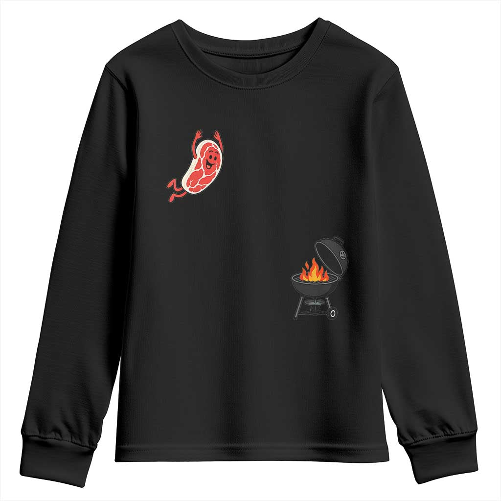 Humorous Diving Steak Charcoal Grill Graphic Youth Sweatshirt BBQ Grilling Pitmaster Cookout Funny Barbecue Master