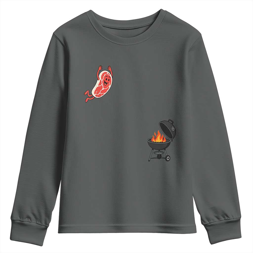Humorous Diving Steak Charcoal Grill Graphic Youth Sweatshirt BBQ Grilling Pitmaster Cookout Funny Barbecue Master