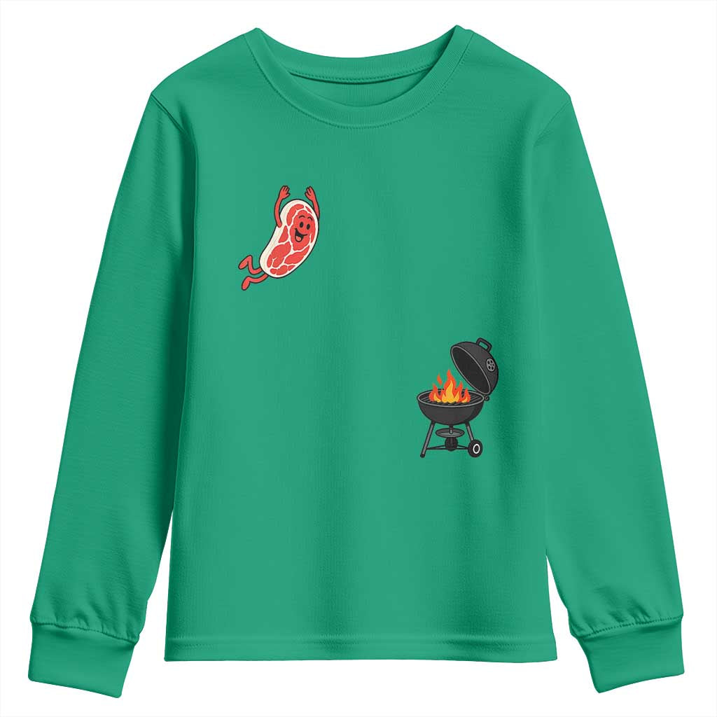 Humorous Diving Steak Charcoal Grill Graphic Youth Sweatshirt BBQ Grilling Pitmaster Cookout Funny Barbecue Master