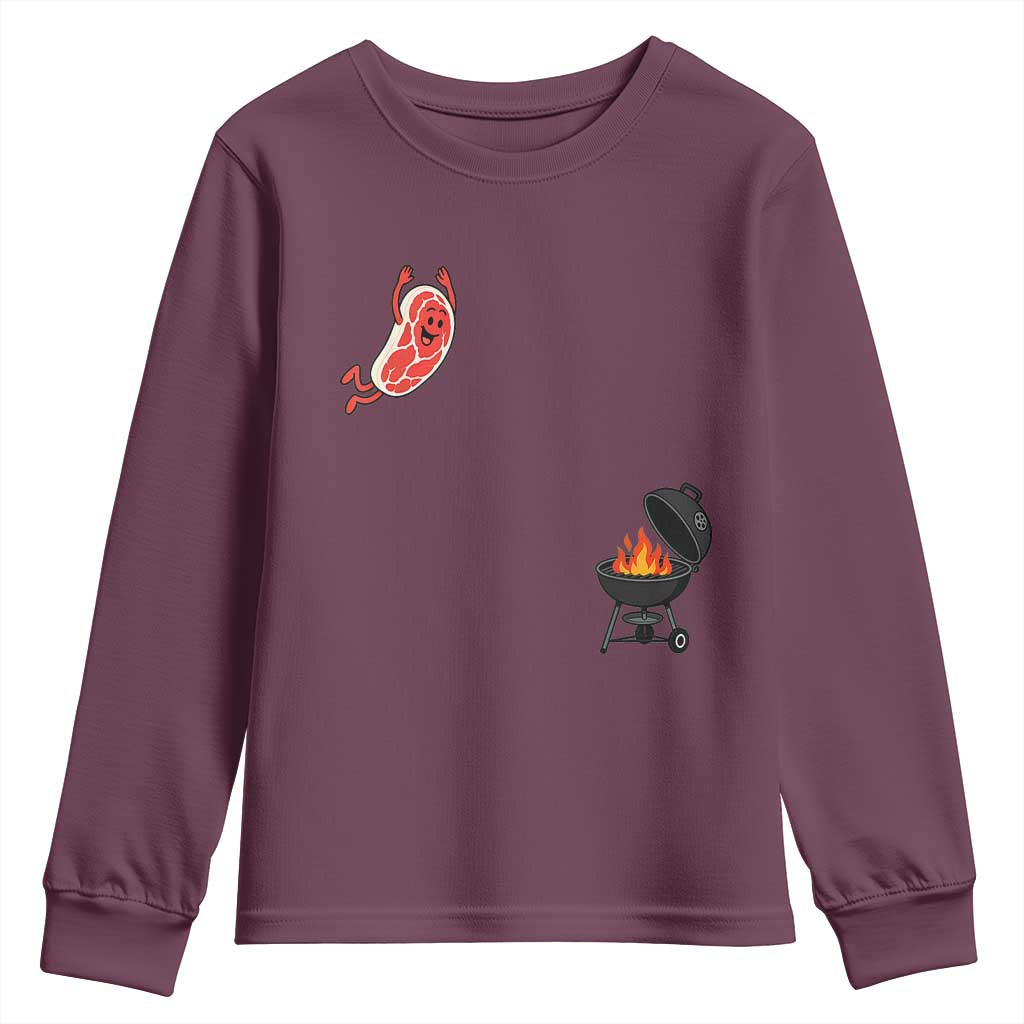 Humorous Diving Steak Charcoal Grill Graphic Youth Sweatshirt BBQ Grilling Pitmaster Cookout Funny Barbecue Master