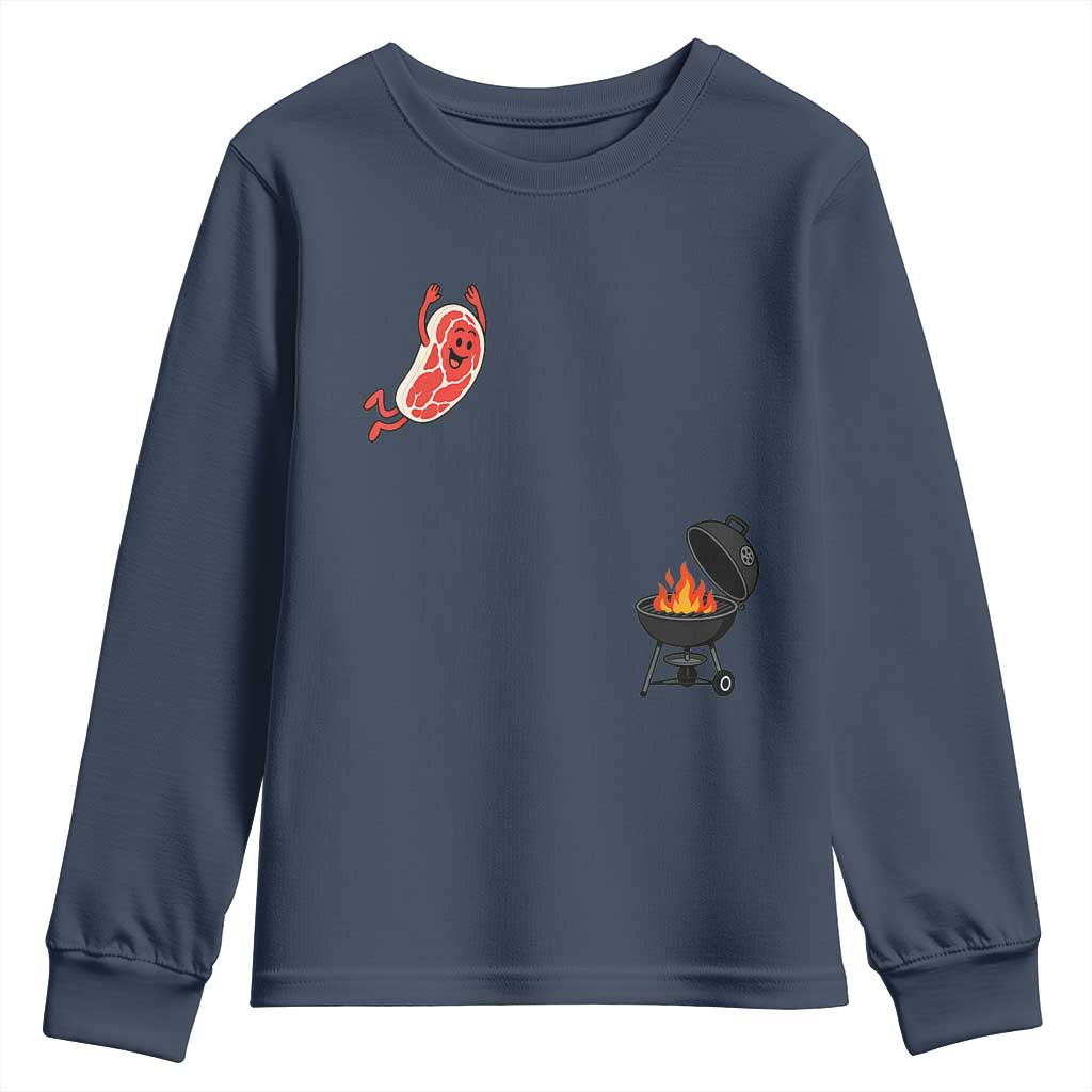 Humorous Diving Steak Charcoal Grill Graphic Youth Sweatshirt BBQ Grilling Pitmaster Cookout Funny Barbecue Master