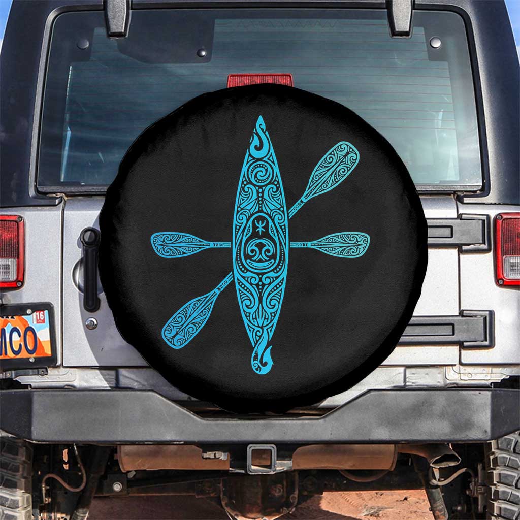 Polynesian Tribal Kayak Graphic Spare Tire Cover Maori Pattern Water Sports Cyan Gradient Paddling