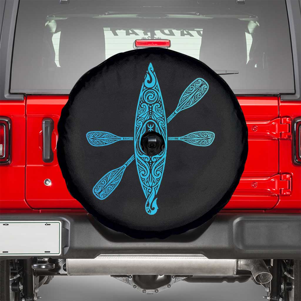 Polynesian Tribal Kayak Graphic Spare Tire Cover Maori Pattern Water Sports Cyan Gradient Paddling