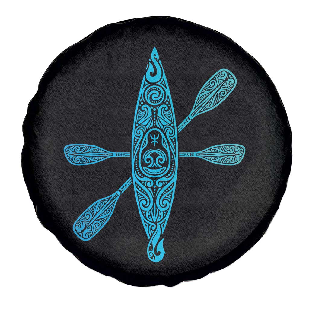 Polynesian Tribal Kayak Graphic Spare Tire Cover Maori Pattern Water Sports Cyan Gradient Paddling