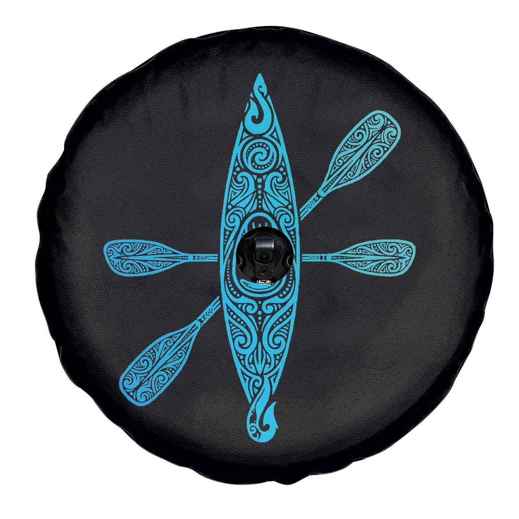 Polynesian Tribal Kayak Graphic Spare Tire Cover Maori Pattern Water Sports Cyan Gradient Paddling