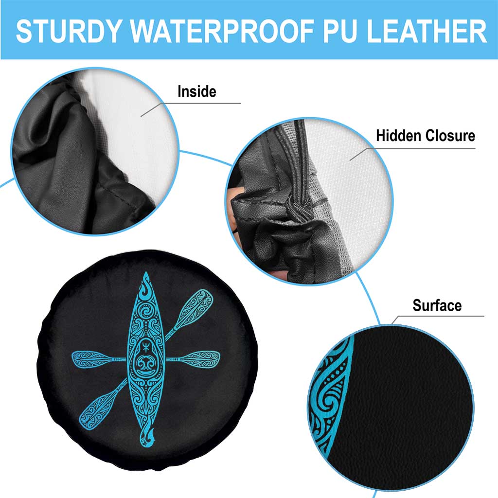 Polynesian Tribal Kayak Graphic Spare Tire Cover Maori Pattern Water Sports Cyan Gradient Paddling
