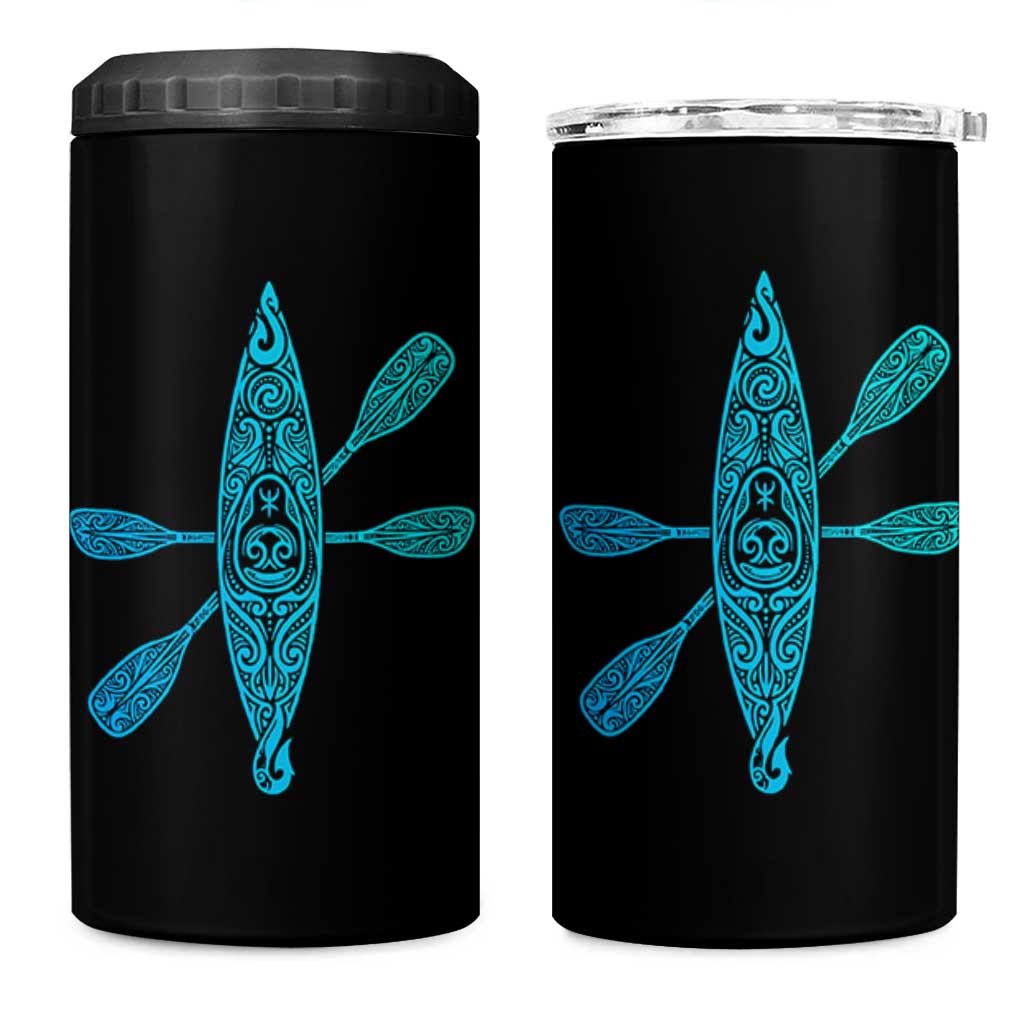 Polynesian Tribal Kayak Graphic 4 in 1 Can Cooler Tumbler Maori Pattern Water Sports Cyan Gradient Paddling