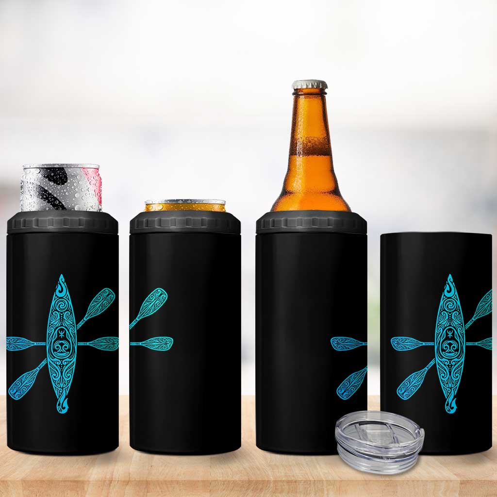 Polynesian Tribal Kayak Graphic 4 in 1 Can Cooler Tumbler Maori Pattern Water Sports Cyan Gradient Paddling