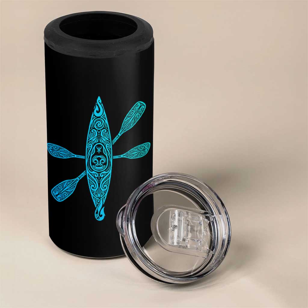 Polynesian Tribal Kayak Graphic 4 in 1 Can Cooler Tumbler Maori Pattern Water Sports Cyan Gradient Paddling