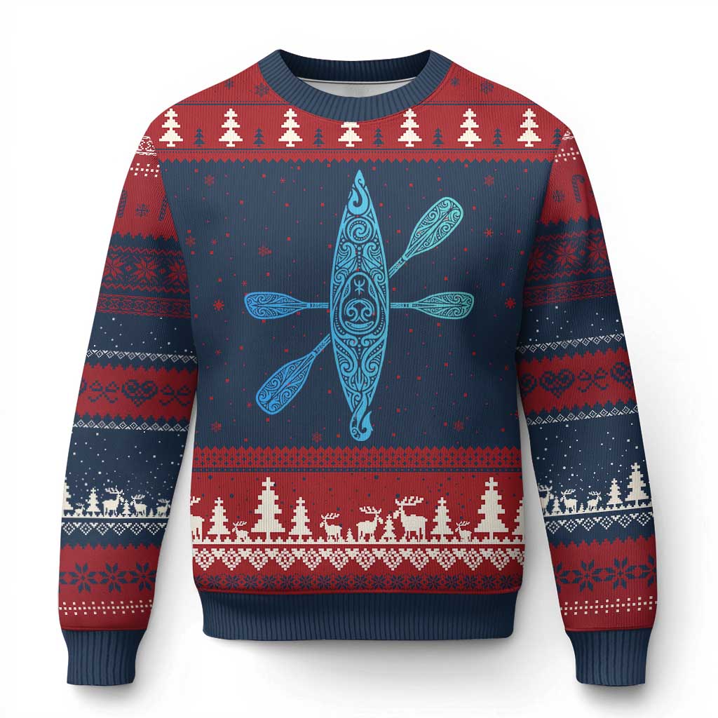 Polynesian Tribal Kayak Graphic Ugly Christmas Sweater Maori Pattern Water Sports Cyan Gradient Paddling