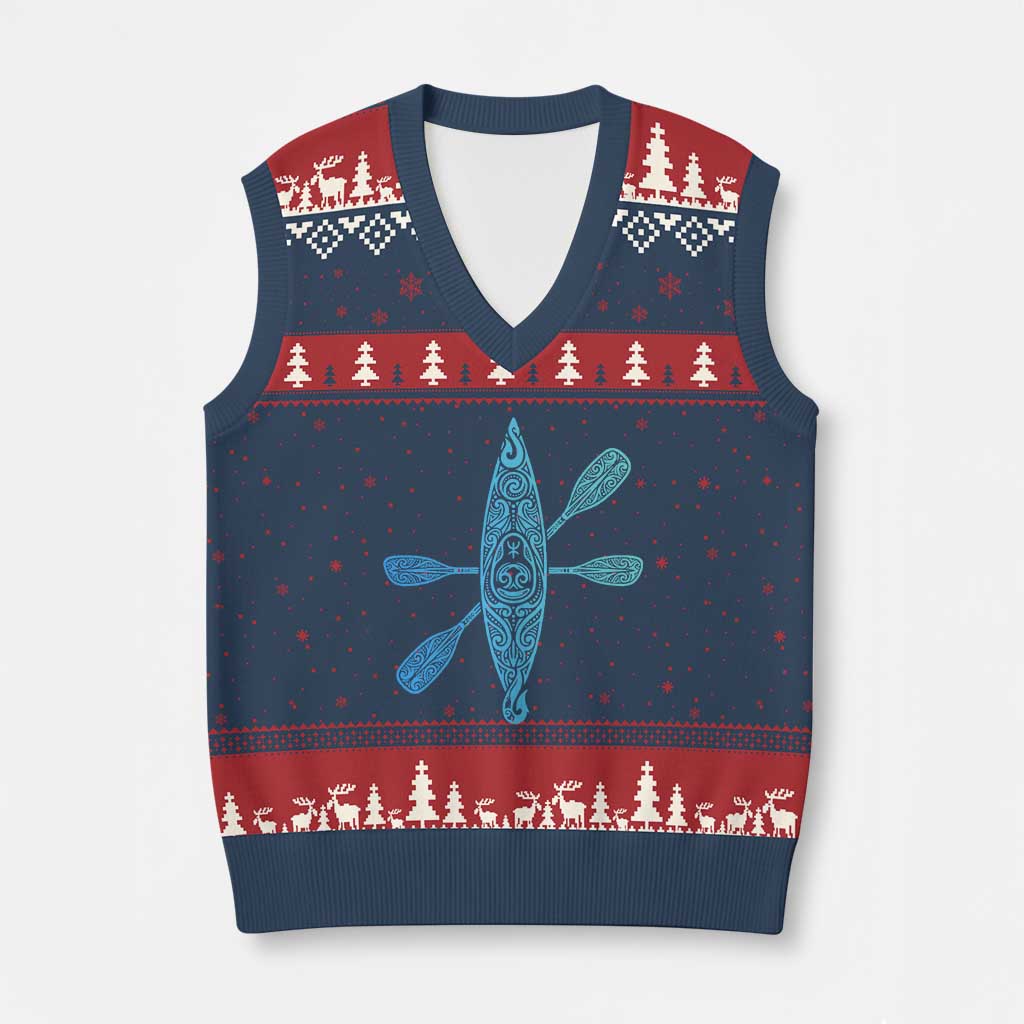 Polynesian Tribal Kayak Graphic V-Neck Knit Sweater Vest Maori Pattern Water Sports Cyan Gradient Paddling