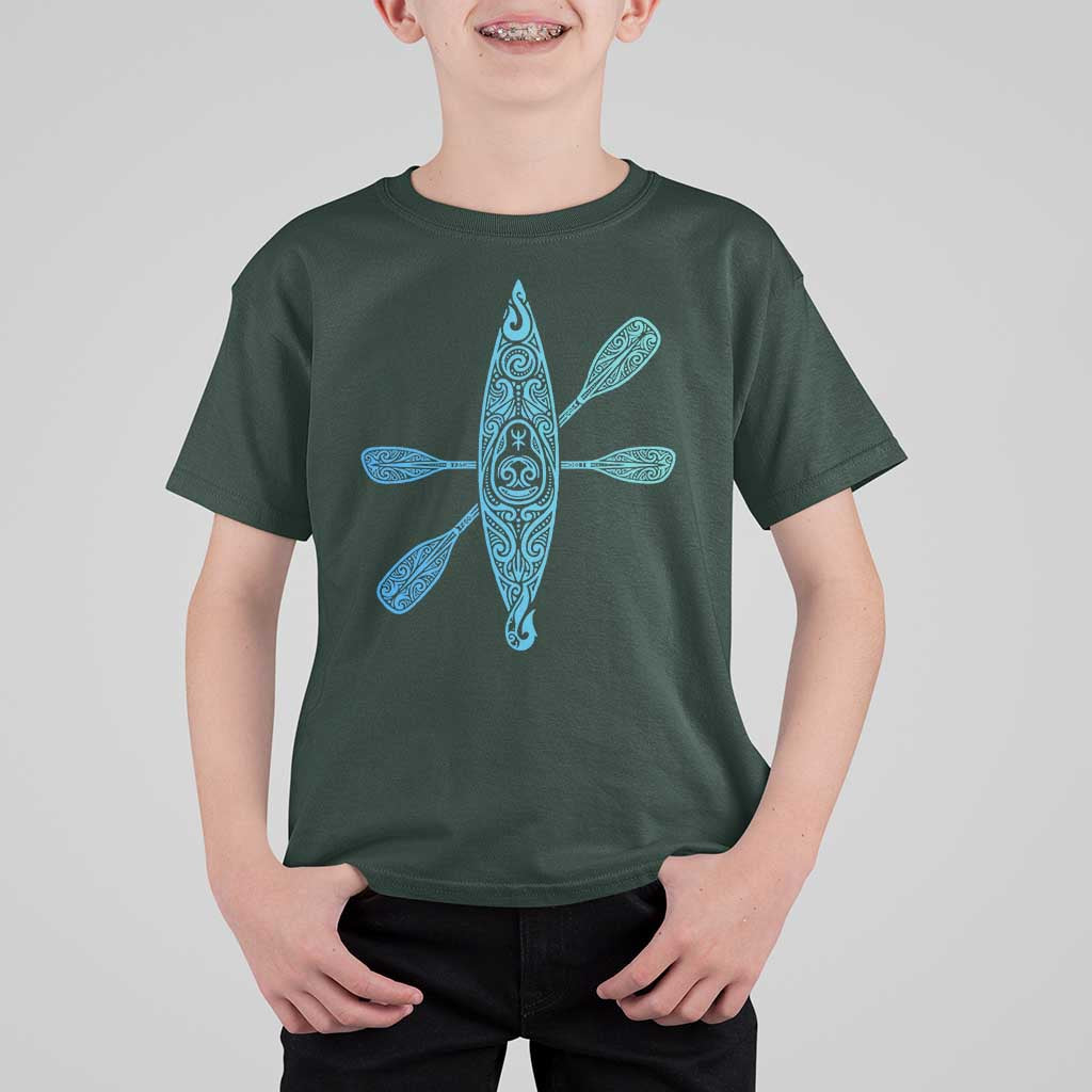 Polynesian Tribal Kayak Graphic T Shirt For Kid Maori Pattern Water Sports Cyan Gradient Paddling