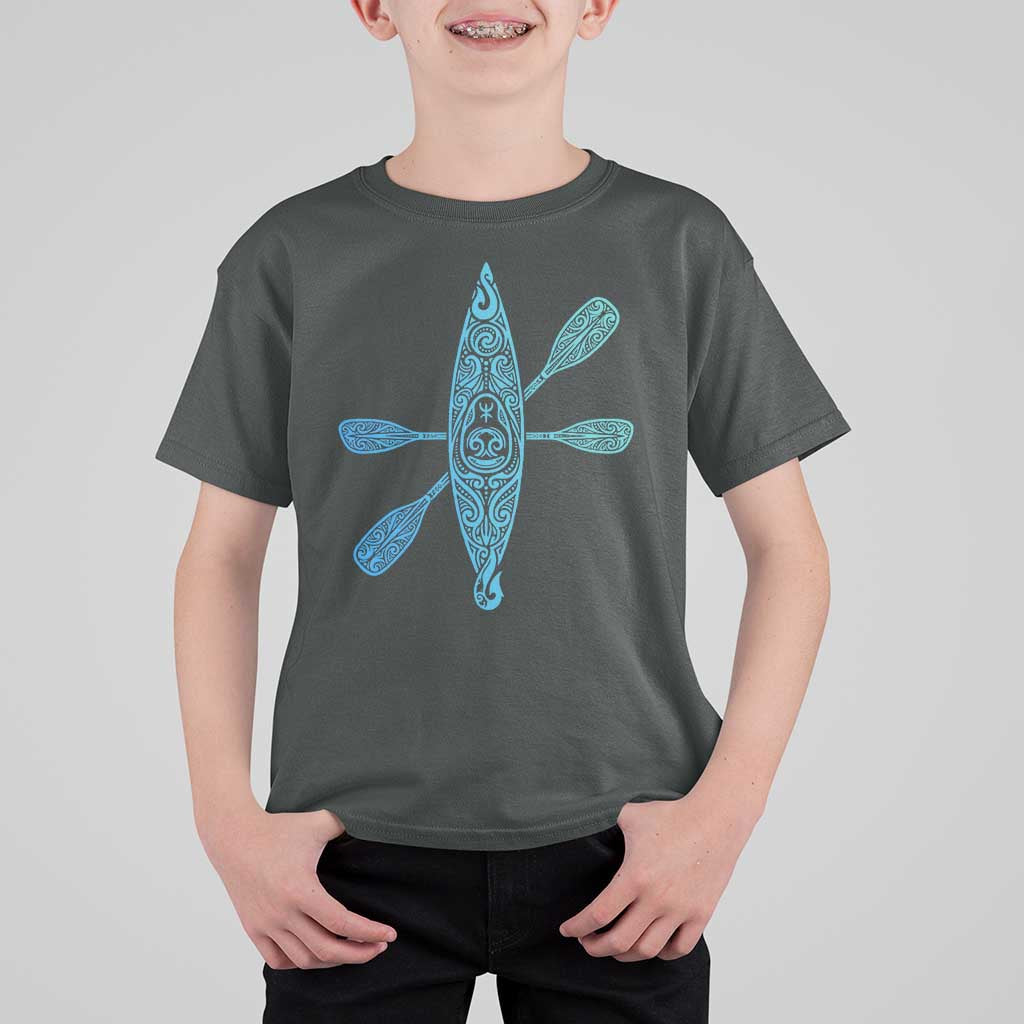 Polynesian Tribal Kayak Graphic T Shirt For Kid Maori Pattern Water Sports Cyan Gradient Paddling