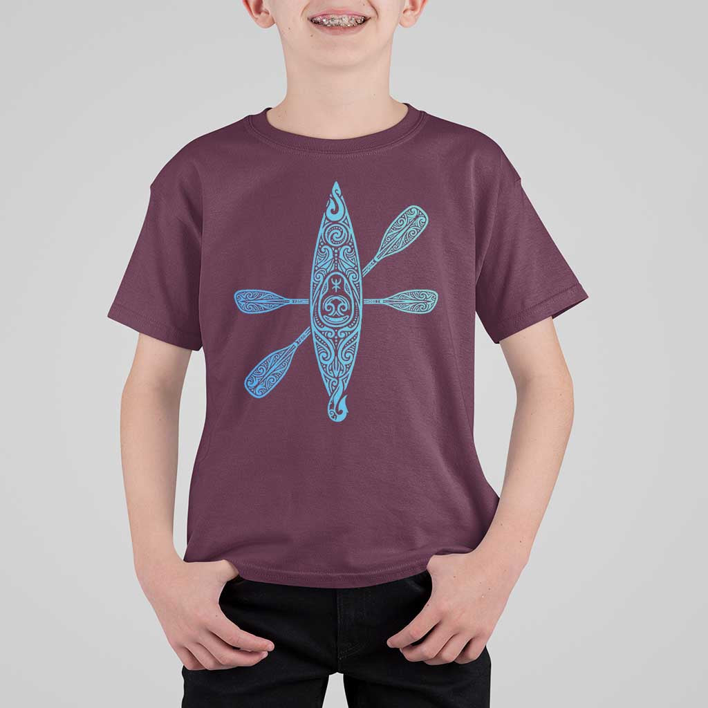 Polynesian Tribal Kayak Graphic T Shirt For Kid Maori Pattern Water Sports Cyan Gradient Paddling