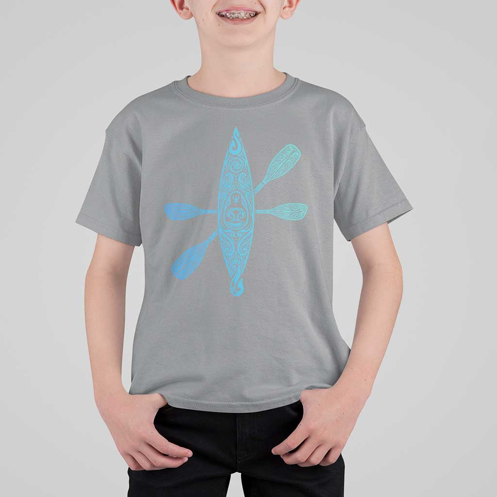 Polynesian Tribal Kayak Graphic T Shirt For Kid Maori Pattern Water Sports Cyan Gradient Paddling