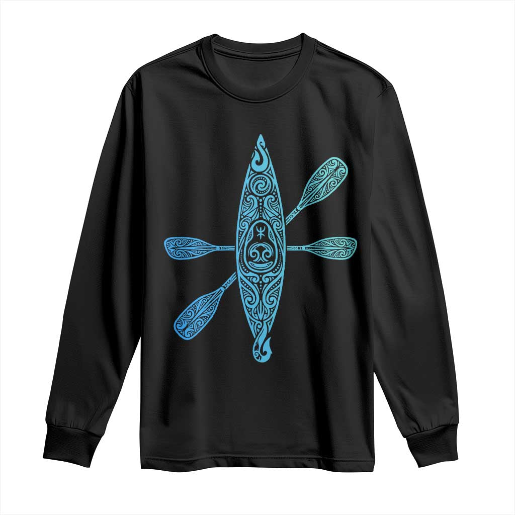Polynesian Tribal Kayak Graphic Long Sleeve Shirt Maori Pattern Water Sports Cyan Gradient Paddling