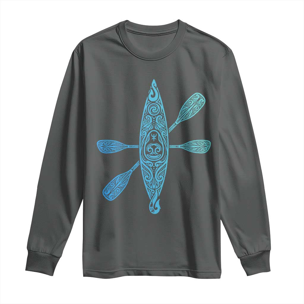 Polynesian Tribal Kayak Graphic Long Sleeve Shirt Maori Pattern Water Sports Cyan Gradient Paddling