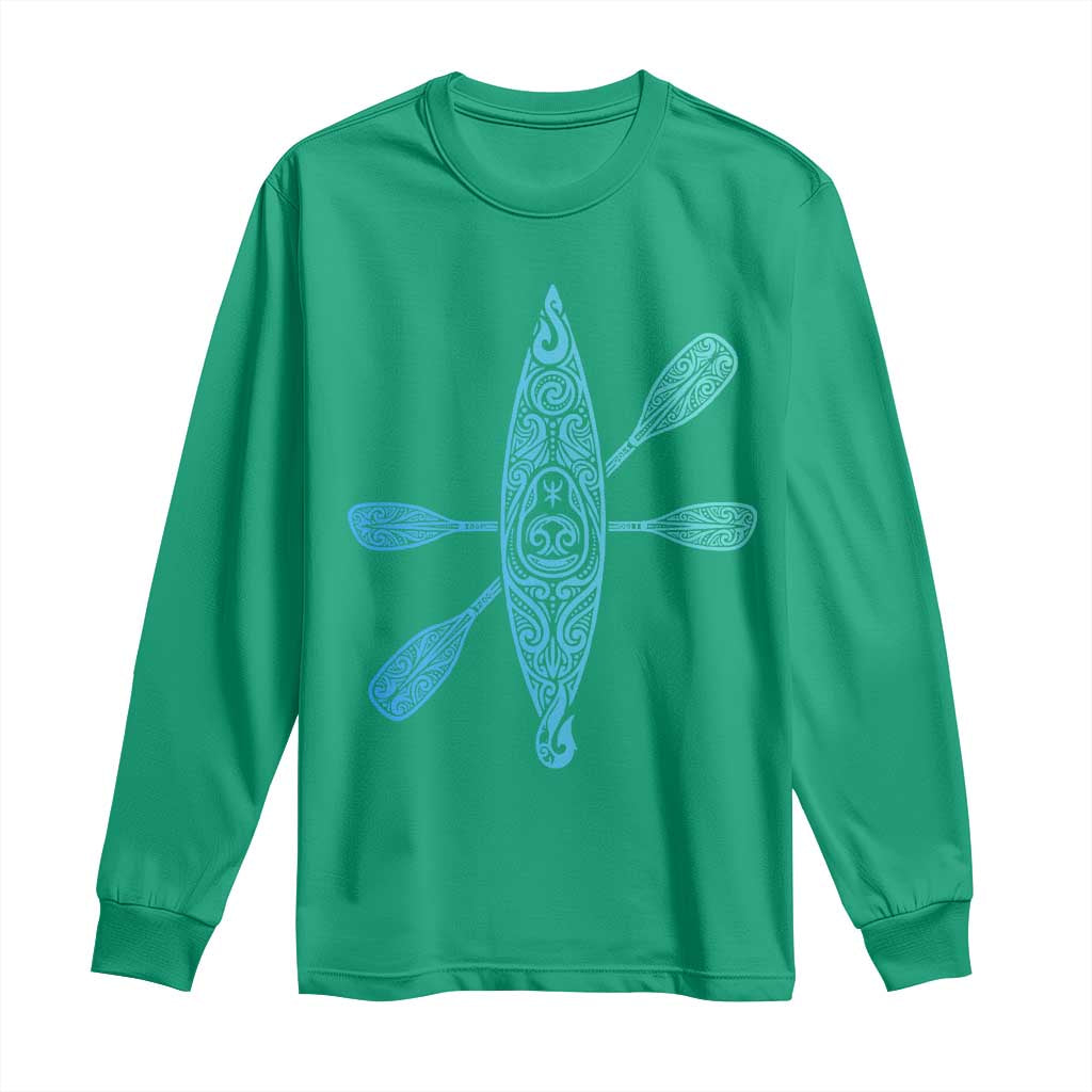 Polynesian Tribal Kayak Graphic Long Sleeve Shirt Maori Pattern Water Sports Cyan Gradient Paddling