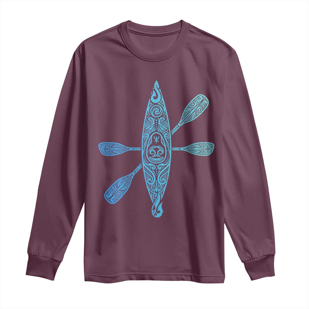 Polynesian Tribal Kayak Graphic Long Sleeve Shirt Maori Pattern Water Sports Cyan Gradient Paddling