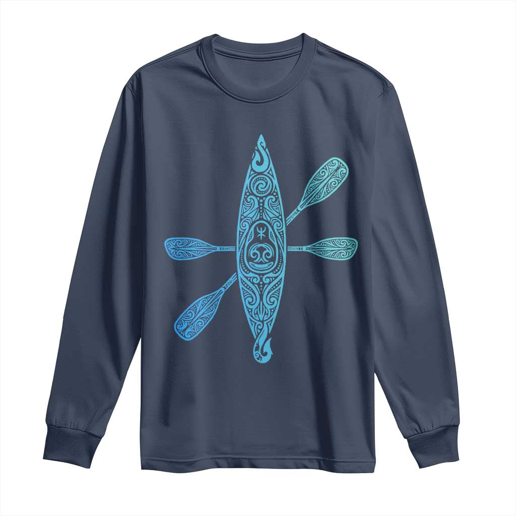 Polynesian Tribal Kayak Graphic Long Sleeve Shirt Maori Pattern Water Sports Cyan Gradient Paddling
