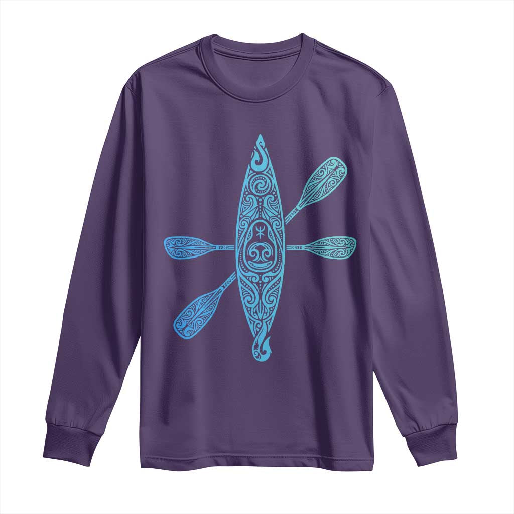 Polynesian Tribal Kayak Graphic Long Sleeve Shirt Maori Pattern Water Sports Cyan Gradient Paddling
