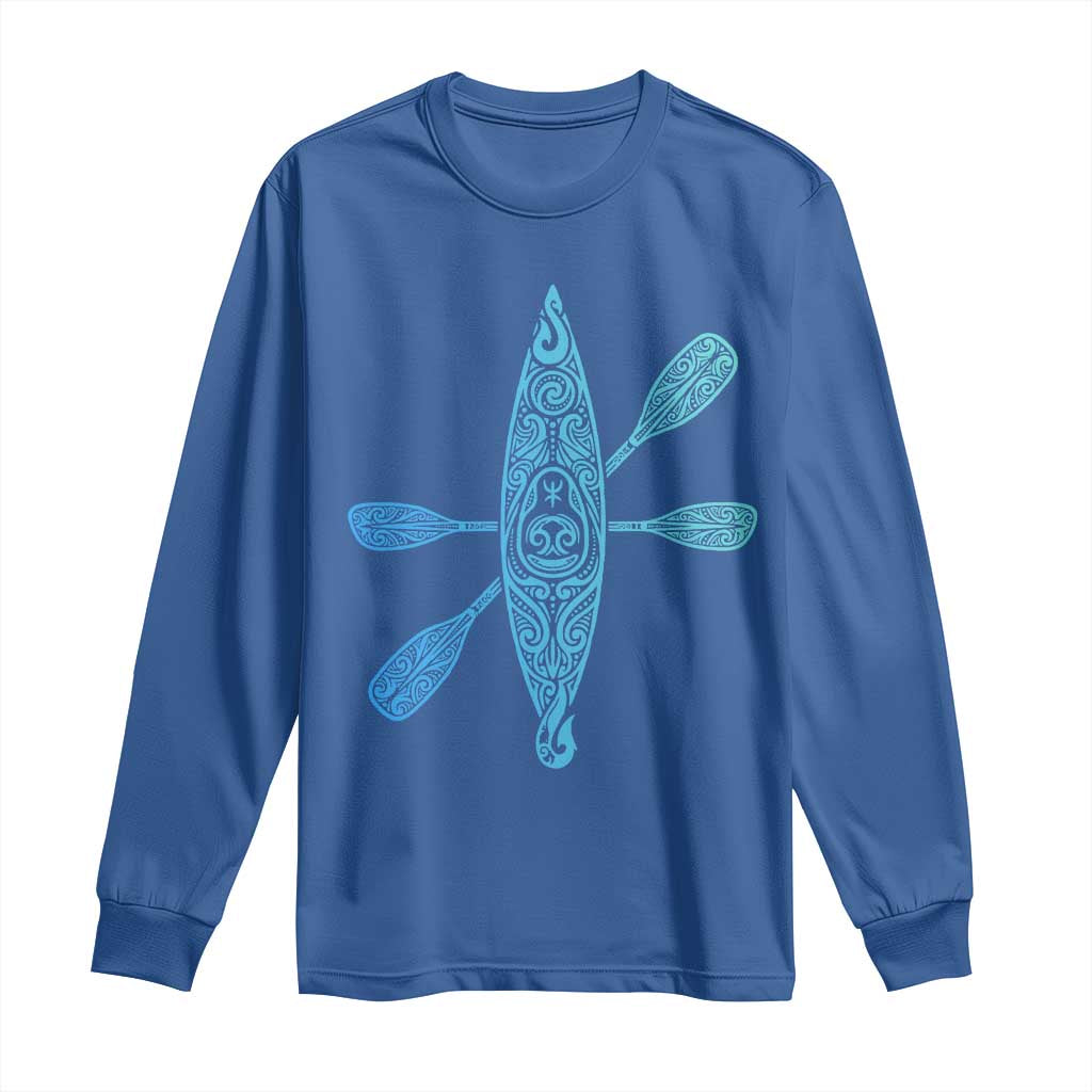 Polynesian Tribal Kayak Graphic Long Sleeve Shirt Maori Pattern Water Sports Cyan Gradient Paddling