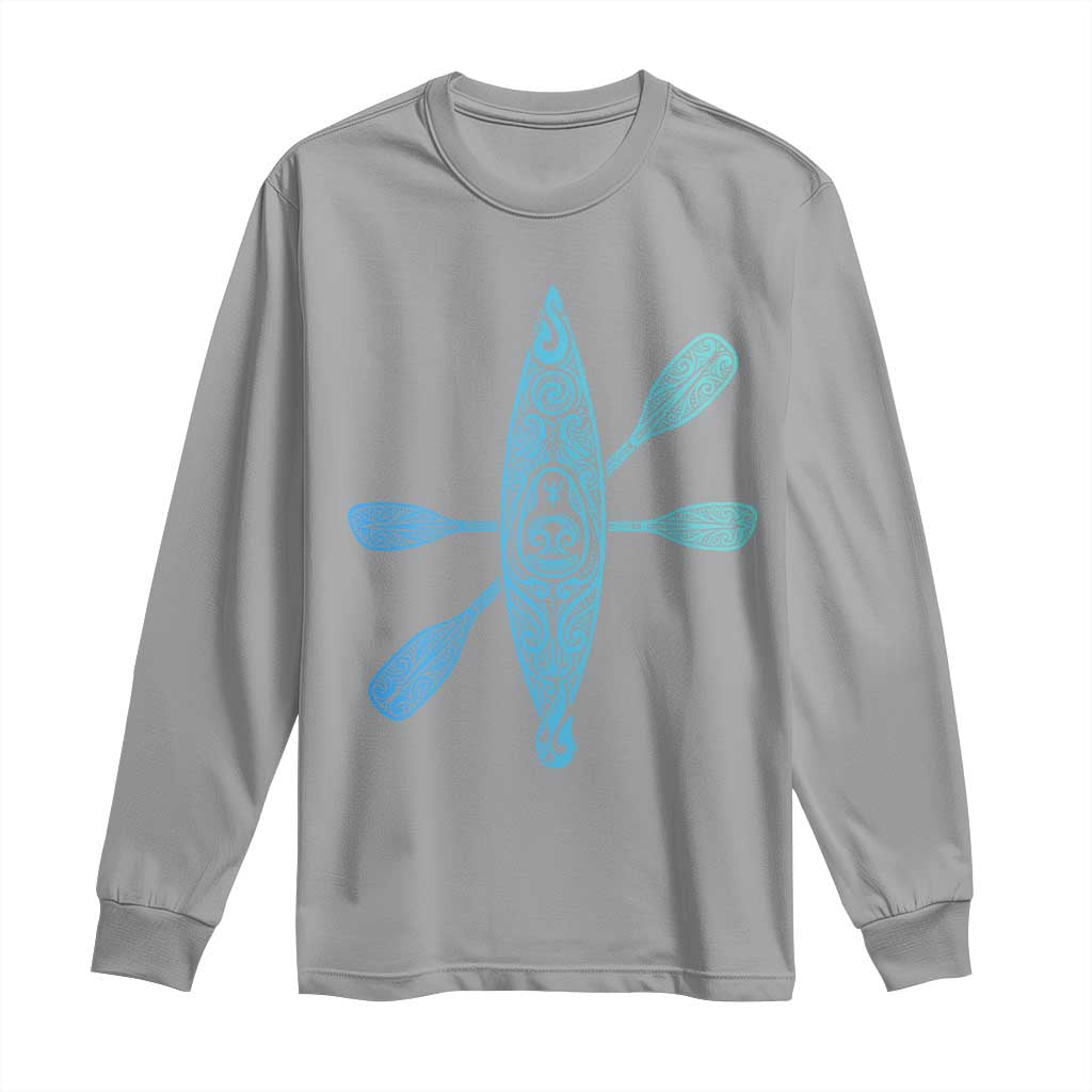 Polynesian Tribal Kayak Graphic Long Sleeve Shirt Maori Pattern Water Sports Cyan Gradient Paddling