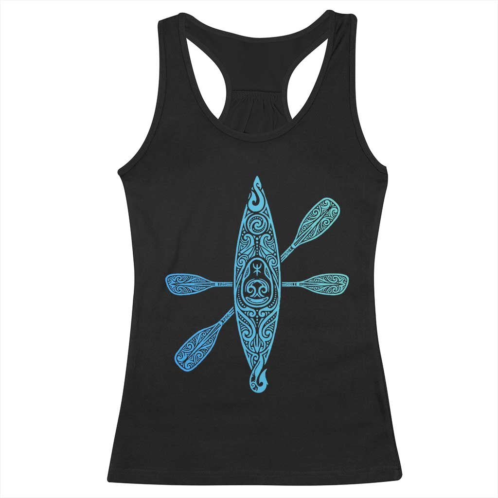 Polynesian Tribal Kayak Graphic Racerback Tank Top Maori Pattern Water Sports Cyan Gradient Paddling