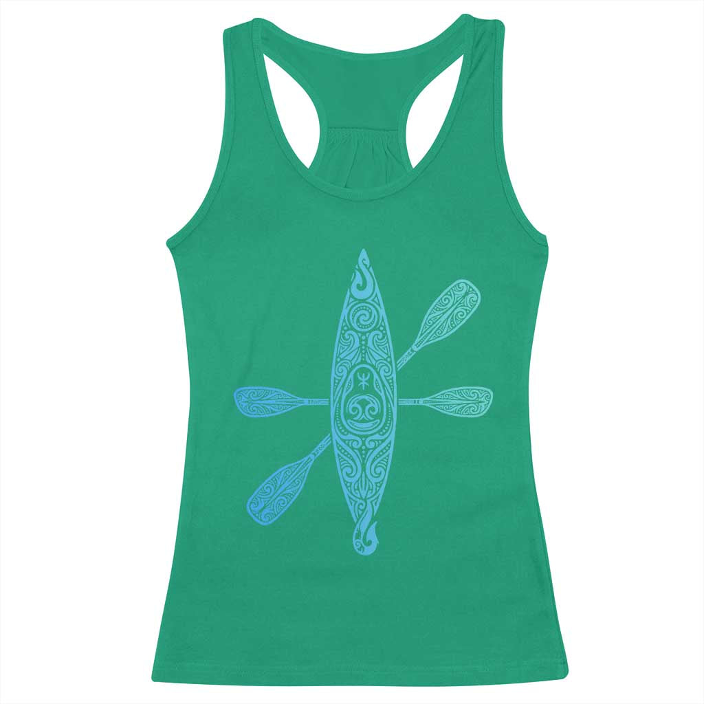 Polynesian Tribal Kayak Graphic Racerback Tank Top Maori Pattern Water Sports Cyan Gradient Paddling