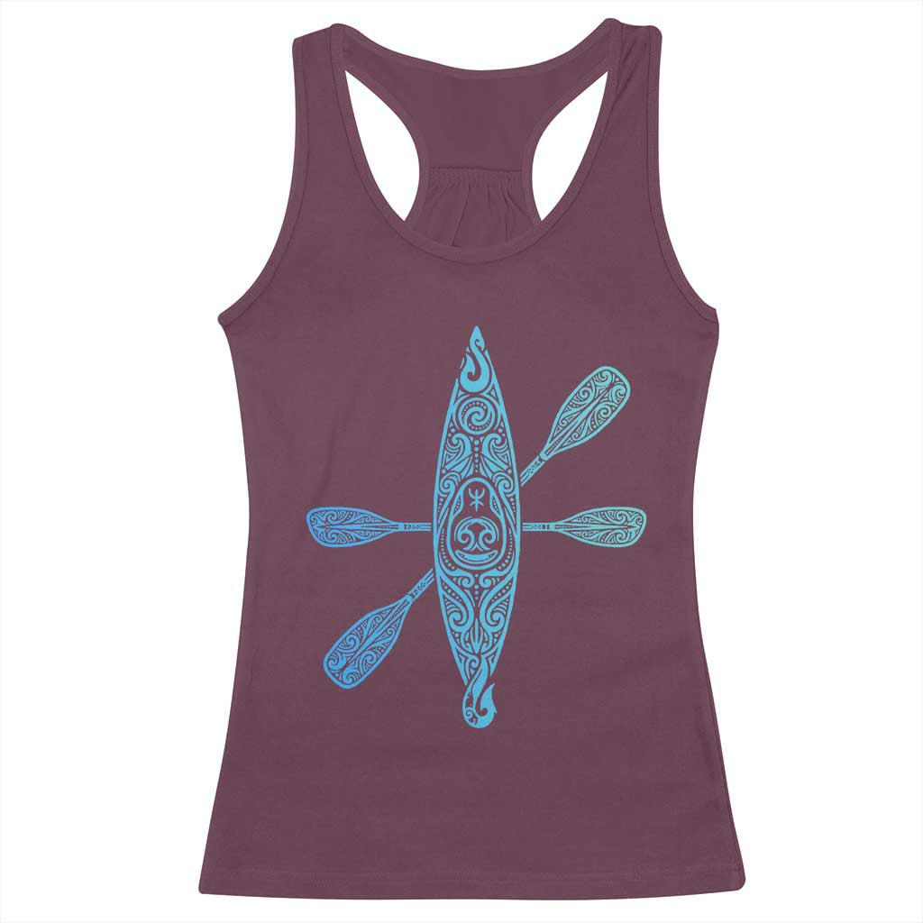 Polynesian Tribal Kayak Graphic Racerback Tank Top Maori Pattern Water Sports Cyan Gradient Paddling