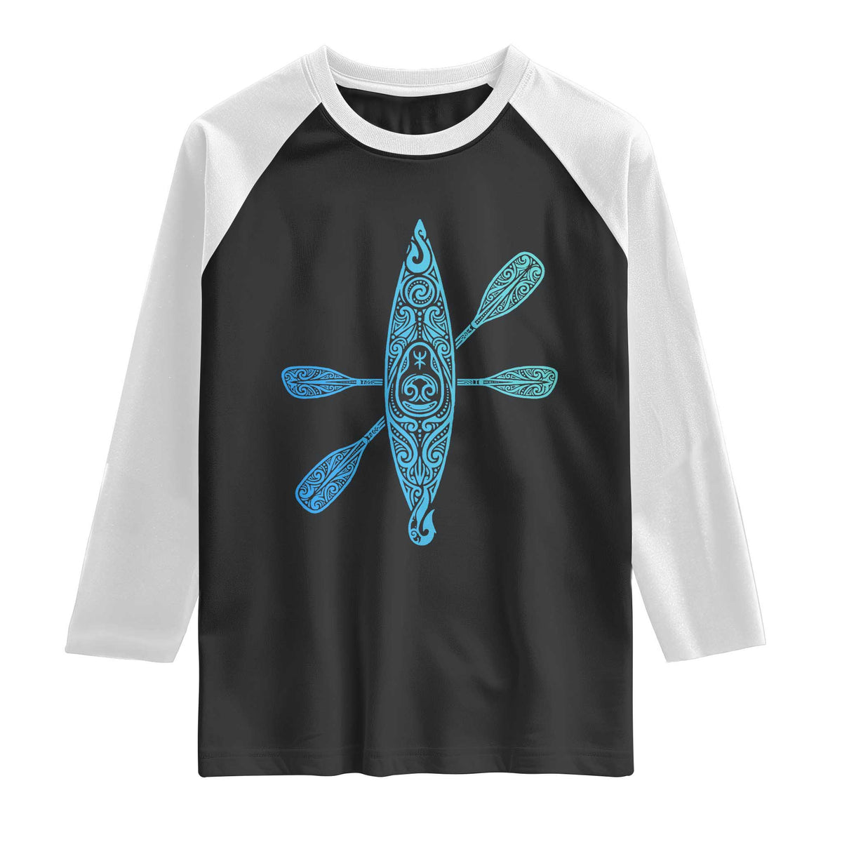 Polynesian Tribal Kayak Graphic Raglan Shirt Maori Pattern Water Sports Cyan Gradient Paddling