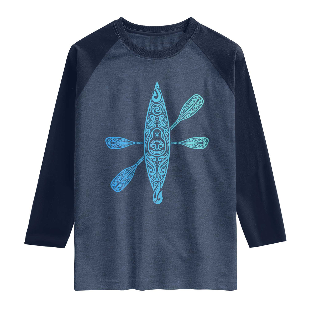 Polynesian Tribal Kayak Graphic Raglan Shirt Maori Pattern Water Sports Cyan Gradient Paddling