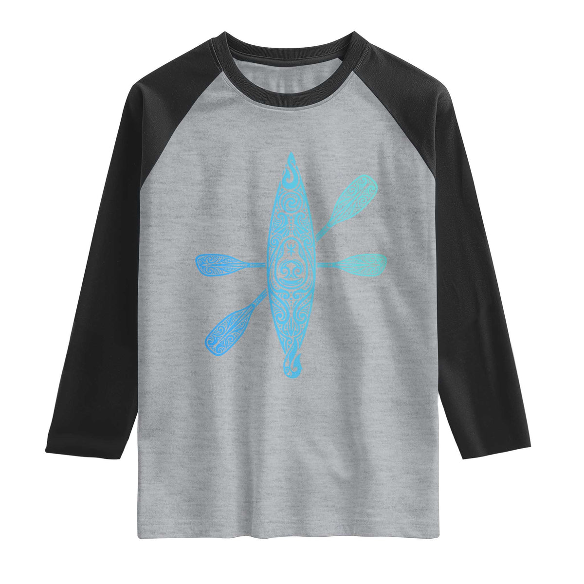 Polynesian Tribal Kayak Graphic Raglan Shirt Maori Pattern Water Sports Cyan Gradient Paddling