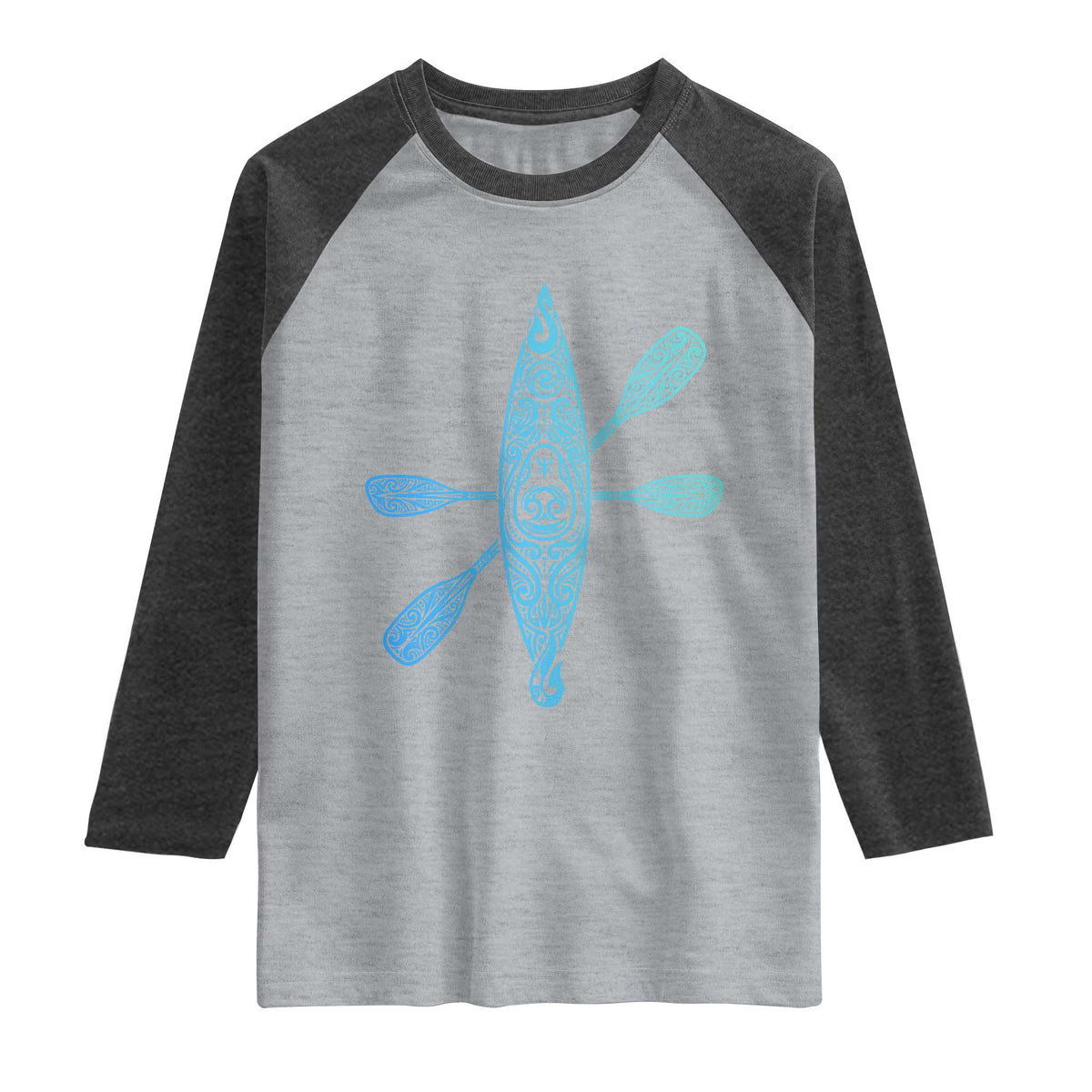 Polynesian Tribal Kayak Graphic Raglan Shirt Maori Pattern Water Sports Cyan Gradient Paddling