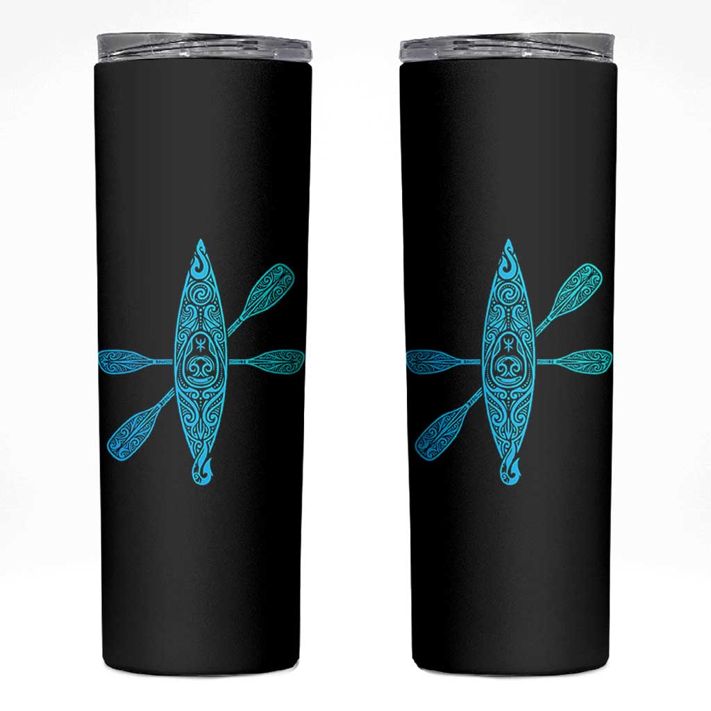 Polynesian Tribal Kayak Graphic Skinny Tumbler Maori Pattern Water Sports Cyan Gradient Paddling