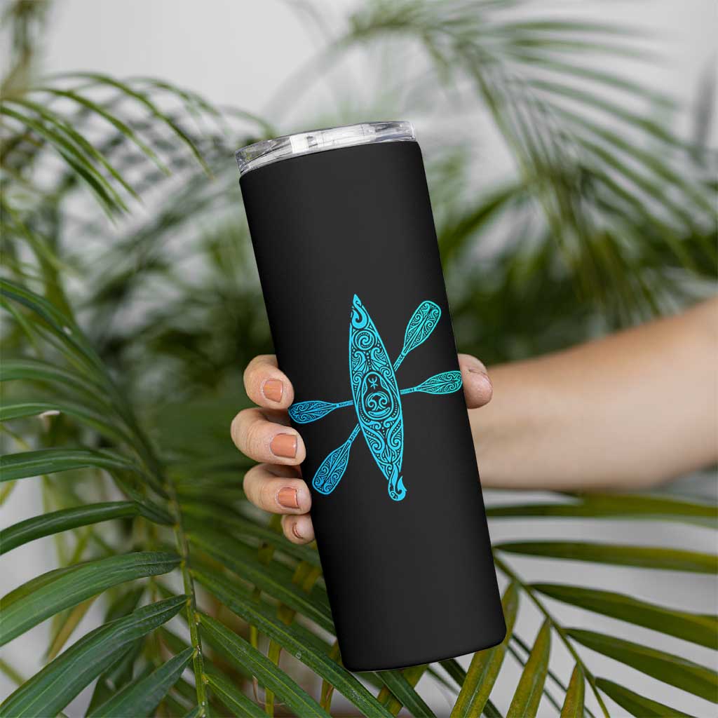 Polynesian Tribal Kayak Graphic Skinny Tumbler Maori Pattern Water Sports Cyan Gradient Paddling
