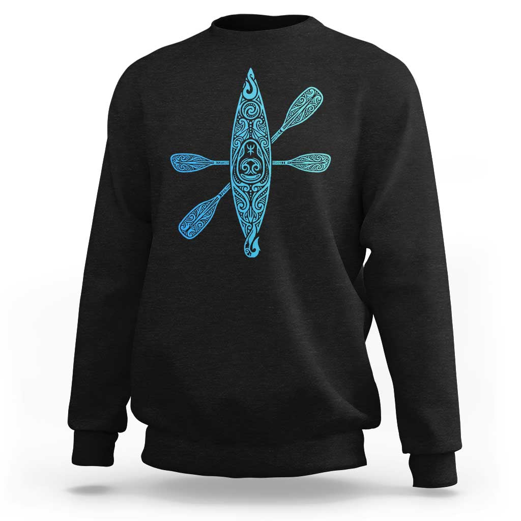 Polynesian Tribal Kayak Graphic Sweatshirt Maori Pattern Water Sports Cyan Gradient Paddling