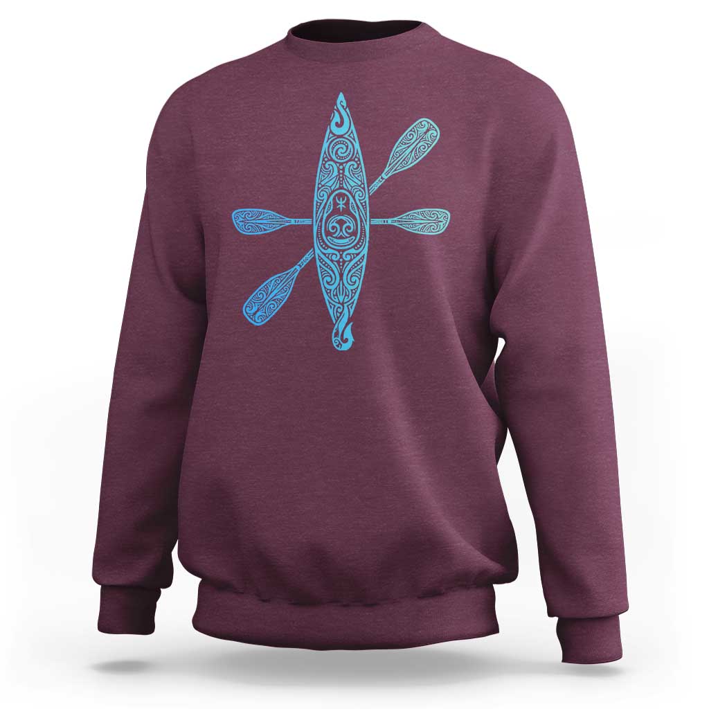 Polynesian Tribal Kayak Graphic Sweatshirt Maori Pattern Water Sports Cyan Gradient Paddling