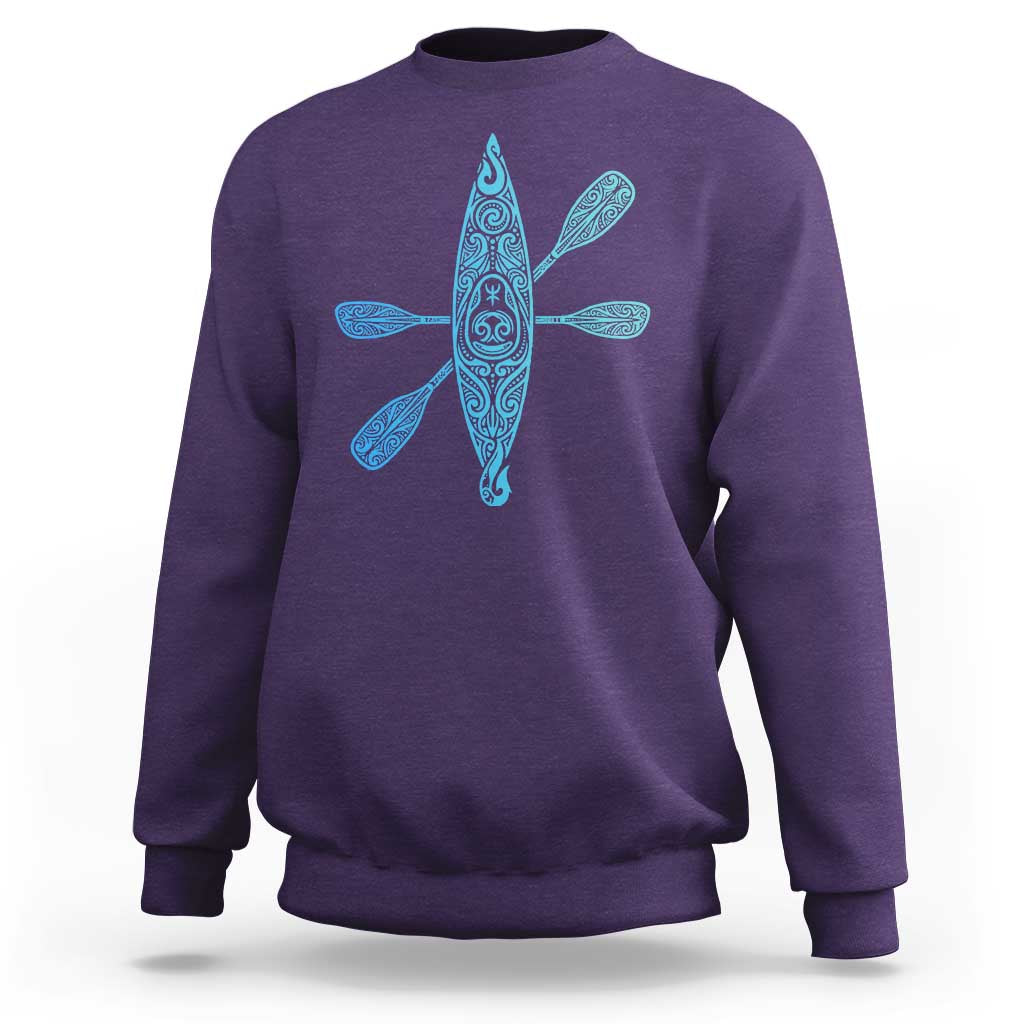 Polynesian Tribal Kayak Graphic Sweatshirt Maori Pattern Water Sports Cyan Gradient Paddling