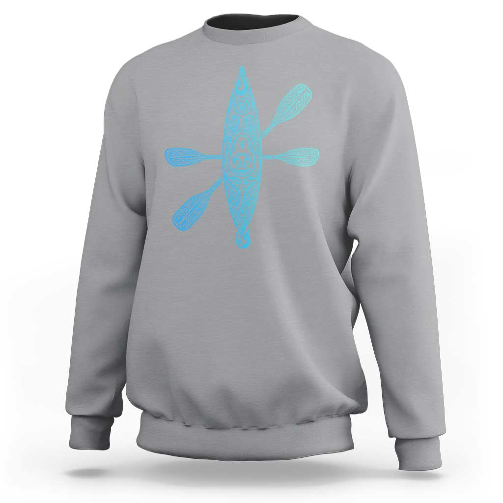 Polynesian Tribal Kayak Graphic Sweatshirt Maori Pattern Water Sports Cyan Gradient Paddling