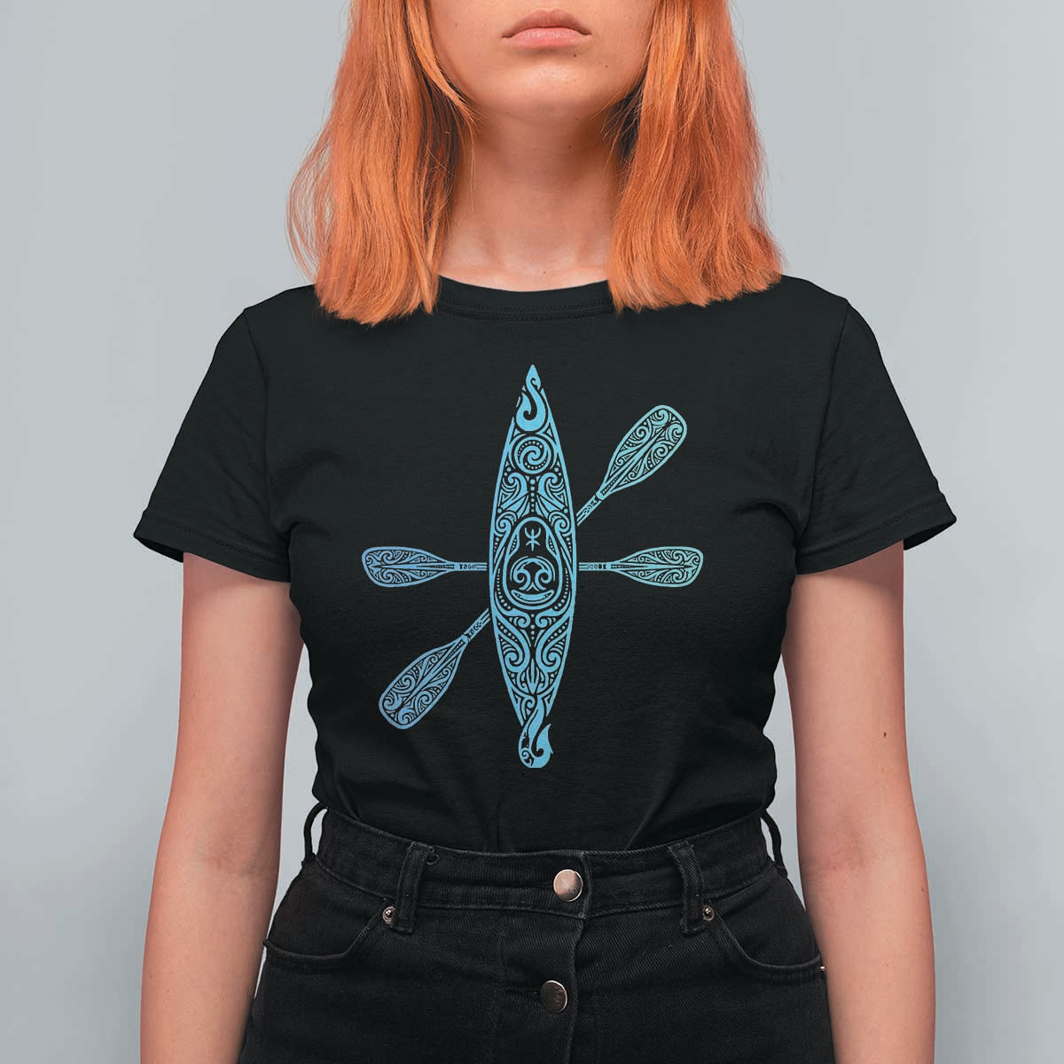 Polynesian Tribal Kayak Graphic T Shirt For Women Maori Pattern Water Sports Cyan Gradient Paddling