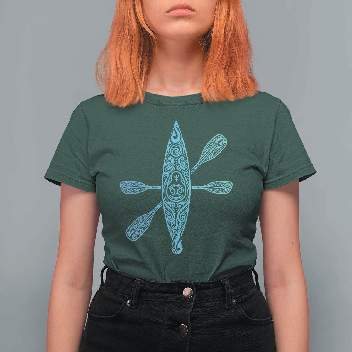Polynesian Tribal Kayak Graphic T Shirt For Women Maori Pattern Water Sports Cyan Gradient Paddling
