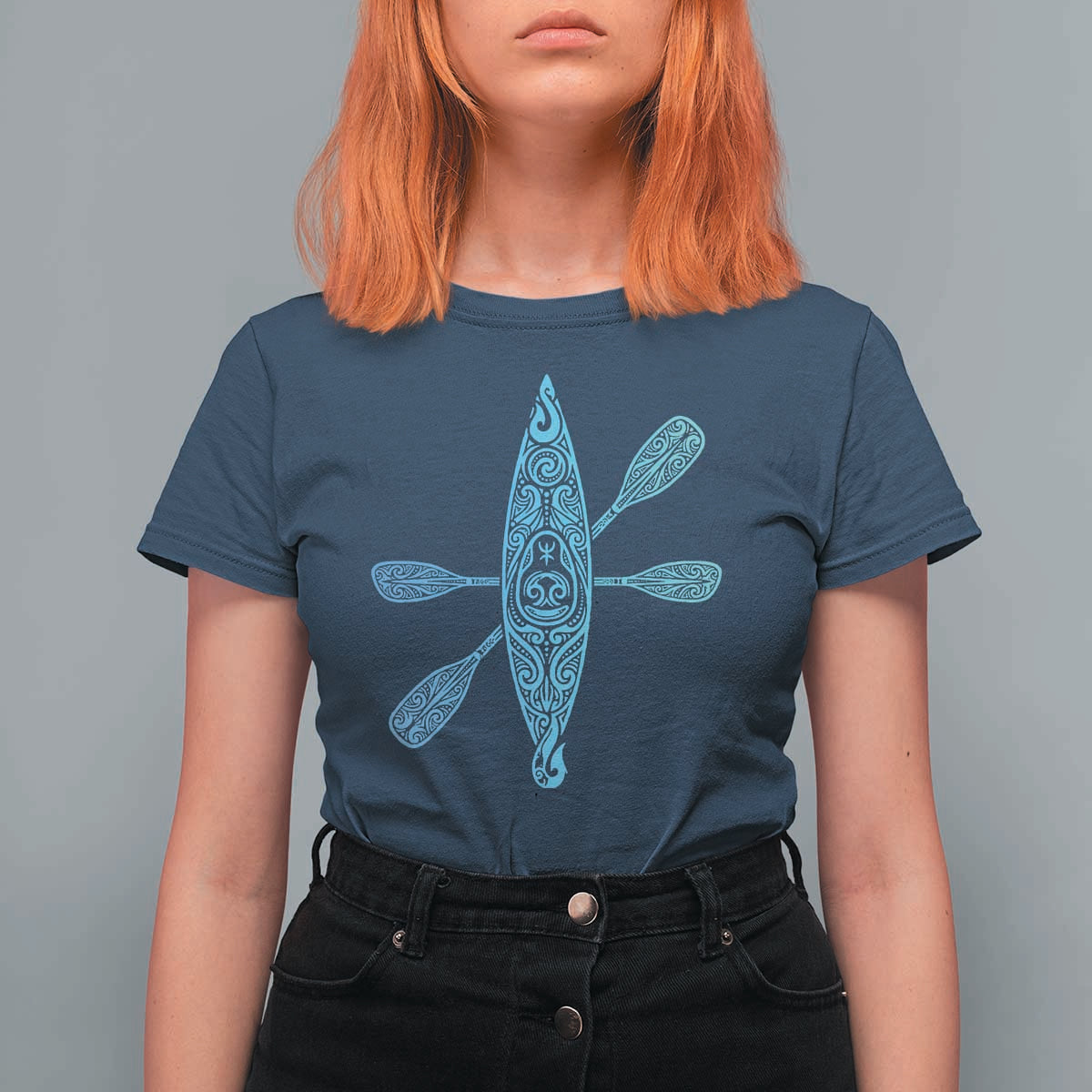 Polynesian Tribal Kayak Graphic T Shirt For Women Maori Pattern Water Sports Cyan Gradient Paddling