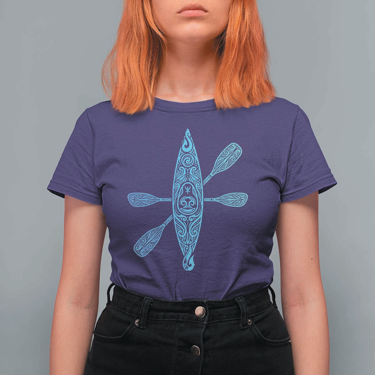 Polynesian Tribal Kayak Graphic T Shirt For Women Maori Pattern Water Sports Cyan Gradient Paddling